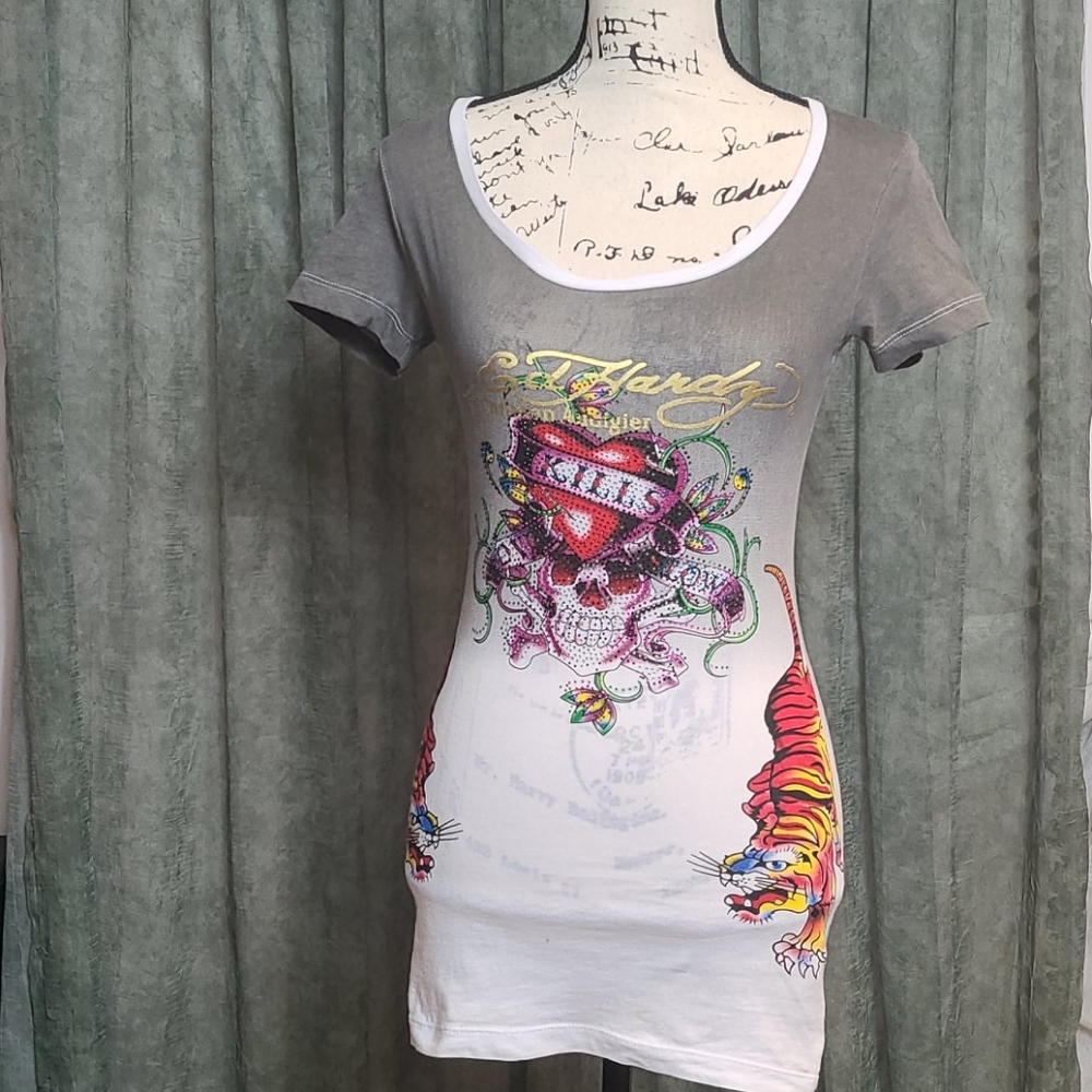 Ed Hardy extra long tee with logo and crystals Med - Picture 1 of 16